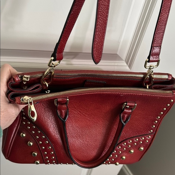 Red Studded leather Satchel with gold Accents - Picture 5 of 15